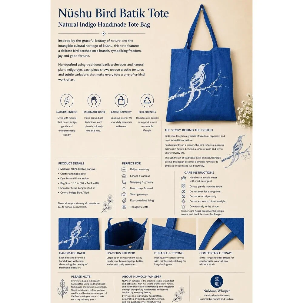 Nüshu Happiness Batik Tote | Indigo Magpie Plum Blossom Chinese Art Bag